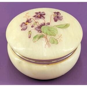 Vintage Genuine Alabaster Hand Carved Hinged Jewelry Trinket Box Made in Italy